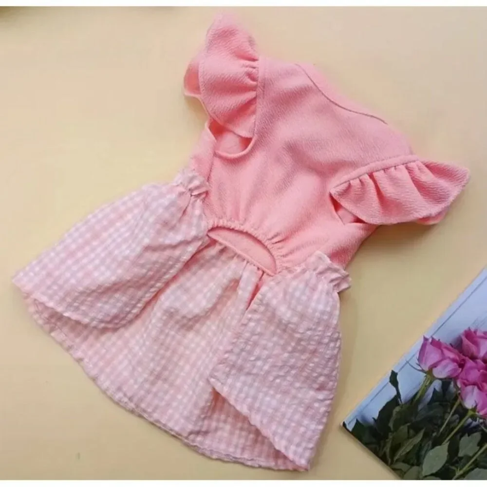 Pink Plaid Bow‎ Ruffles Dog Pet Cat XS Dress NWOT